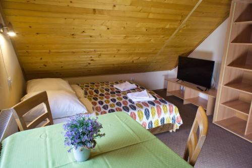 a small room with a bed and a television at Dobra Miejscówka in Krynica Zdrój