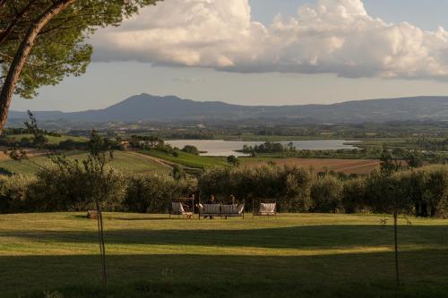 einen Park mit einer Bank und Seeblick in der Unterkunft Villa Cozzano in Pozzuolo