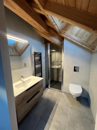 een badkamer met een witte wastafel en een toilet bij Galibier & Spirit in Valloire