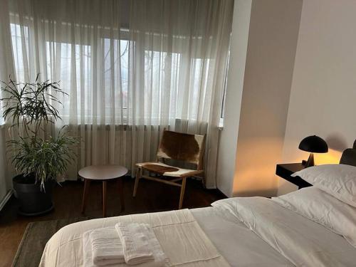- une chambre avec un lit, une chaise et une fenêtre dans l'établissement Chic Deluxe Villa, à Iaşi