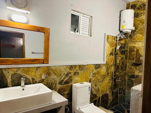 a bathroom with a sink and a toilet and a mirror at Cabin 7000 feet Nuwaraeliya in Nuwara Eliya