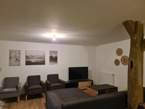 a living room with a couch and two chairs and a television at Grand appartement de 3 chambres moderne et spacieux, entièrement meublé in Belfort