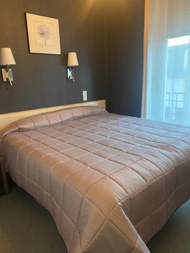 a large bed in a room with a window at Hôtel Océan in Lourdes