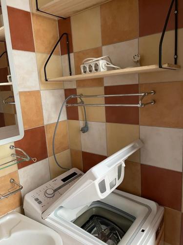 a bathroom with a washing machine and a toilet at Villa Annidia Komiza in Komiža