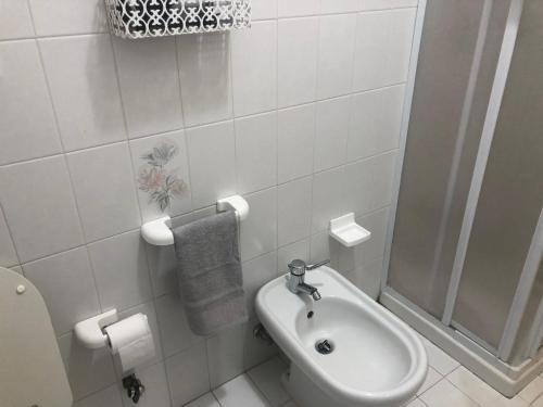 y baño blanco con lavabo y ducha. en La casetta sul colle, en Castel di Sangro