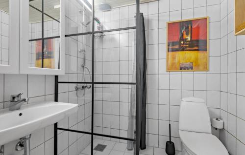 a bathroom with a shower and a toilet and a sink at Nice Home In Bredebro With Wifi in Bredebro