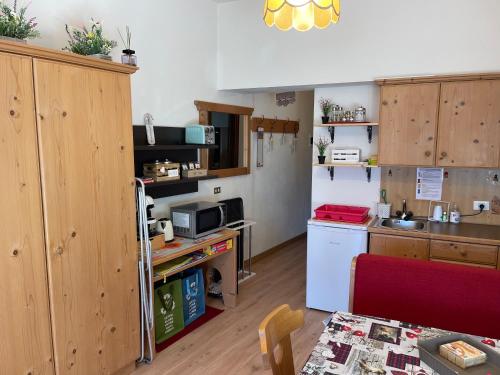 a kitchen with wooden cabinets and a white refrigerator at Il nido dei gufi in Falcade