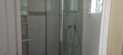 a shower with a glass door in a bathroom at chambre dans maison colocation 20 min de Paris in Antony