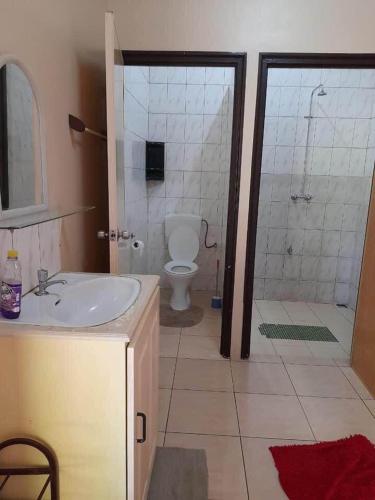 a bathroom with a toilet and a sink and a shower at Kapowlito Real Estate Casa Hendrikstraat in Paramaribo