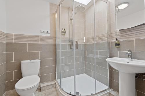 a bathroom with a shower and a toilet and a sink at Ramsey Sea View Cottage - Dog Friendly in Pembrokeshire