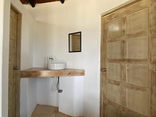 a bathroom with a sink and a wooden door at Marinus Eco Lodge in Canoas