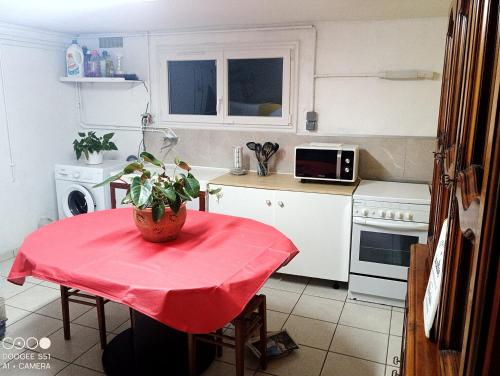 a kitchen with a table with a red table cloth at Le Studio in Saint-Martin-des-Tilleuls