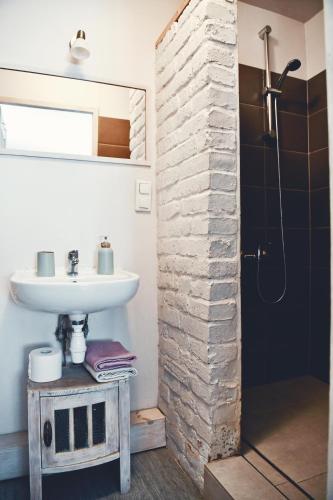 a bathroom with a sink and a shower at Lavendowo in Piechowice