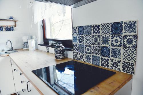 a kitchen with blue and white tiles on the wall at Lavendowo in Piechowice