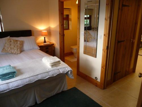 ein Schlafzimmer mit einem Bett und ein Badezimmer mit einem WC in der Unterkunft Crotlieve Barn in Rostrevor