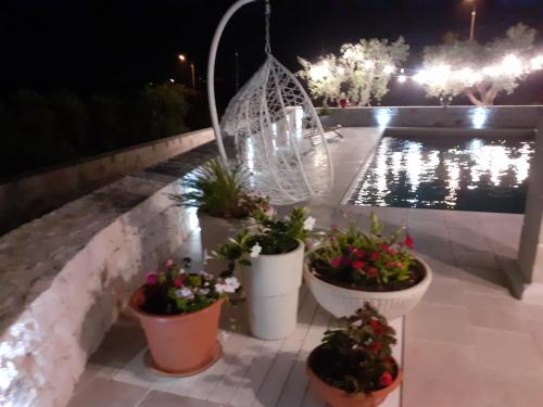 a group of potted plants next to a pool at night at Holiday Home Cosimo in Locorotondo
