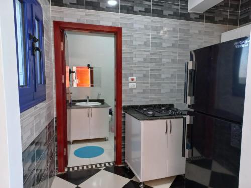 Il comprend une petite cuisine équipée d'un évier et d'une cuisinière. dans l'établissement Villa Kaslan Apartments, à Louxor