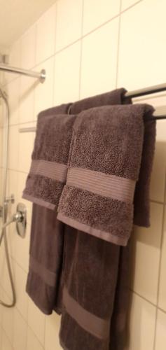 a group of towels hanging on a towel rack in a bathroom at Stube 21 in Weingarten