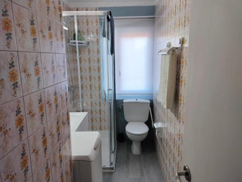 a bathroom with a toilet and a shower and a sink at Casa Tito in Santo Domingo de la Calzada
