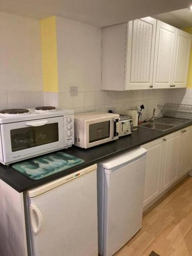 a kitchen with three microwaves on a counter at Studio Annexe with separate shower room in Broadhempston
