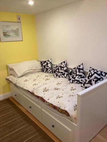 a white bed with pillows on it in a room at Studio Annexe with separate shower room in Broadhempston