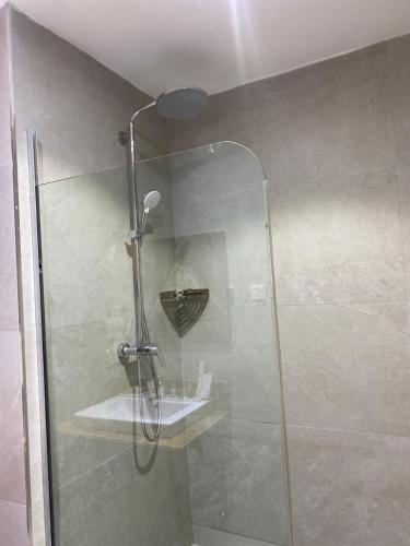 a shower with a glass door in a bathroom at Golden Tulip Oniru Suites in Lagos