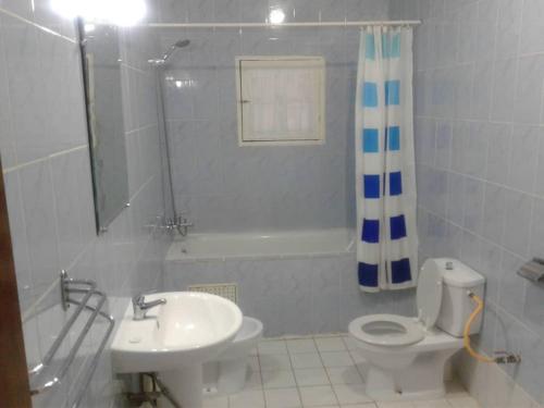 La salle de bains est pourvue d'un lavabo, de toilettes et d'une douche. dans l'établissement Residence Saint-Jacques Centre Ville Pointe Noire, à Pointe-Noire