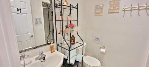 a bathroom with a sink and a toilet and a mirror at Mainfloor Spacious Room in Toronto in Toronto