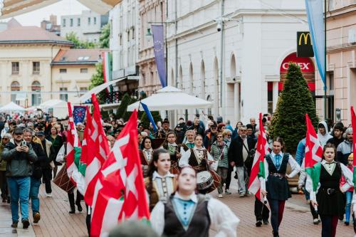 a crowd of people walking down a street holding flags at Synagoge view loft Bestern in Szeged