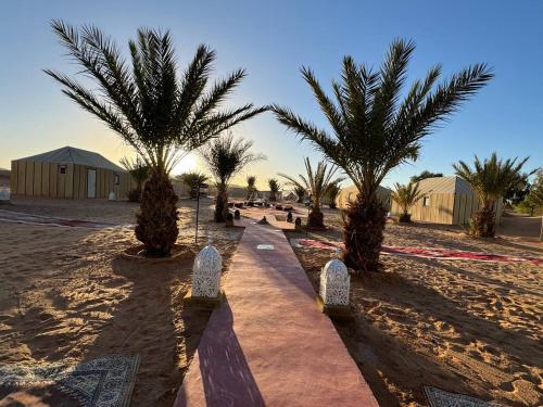 une rangée de palmiers sur une plage de sable dans l'établissement Sahara Luxury Camp VIP, à Merzouga