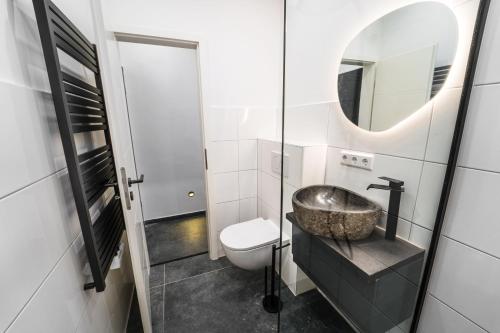 ein Bad mit einem Waschbecken und einem WC in der Unterkunft Parkjuwel, Direkt am Bürgerpark, Schwachhausen - Bremen in Bremen