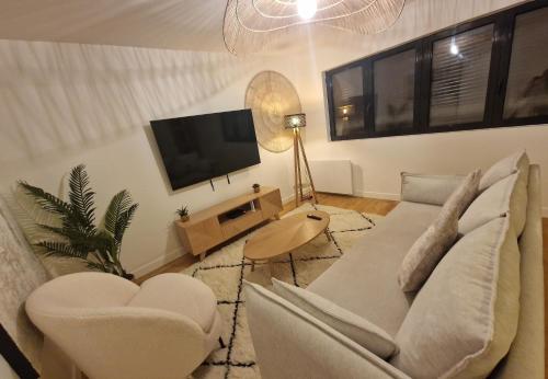 a living room with a couch and a tv at Appartement Enghien-les-Bains à 7 min du Casino Barrière in Enghien-les-Bains