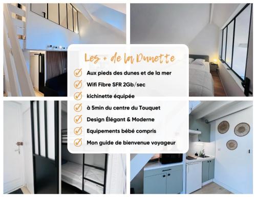 un collage de photos d'une chambre et d'un escalier dans l'établissement La dunette, à Le Touquet-Paris-Plage