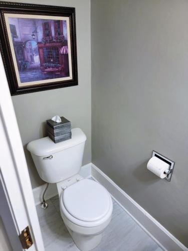 a bathroom with a toilet with a picture on the wall at Beautiful Craftsman Style Home w/ Fenced Yard in South Beloit