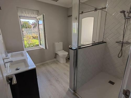 a bathroom with a shower and a sink and a toilet at la casa de la avioneta in Piedrahita