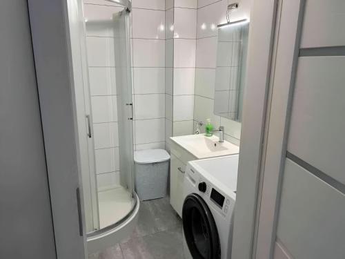 a bathroom with a washing machine in a sink at Augustòw Centre 1-Bedroom Comfort and Leisure. in Augustów
