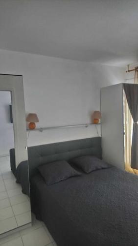 une chambre avec un grand lit avec un miroir dans l'établissement Appartement en Bord de mer - Côte d'Azur, à Villeneuve-Loubet