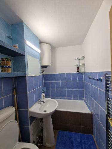 a bathroom with a sink and a tub and a toilet at Micro-apartament NADEVA in Suceava