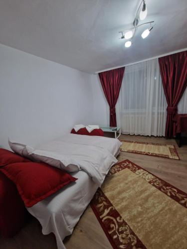 a bedroom with a large bed with red pillows at Micro-apartament NADEVA in Suceava