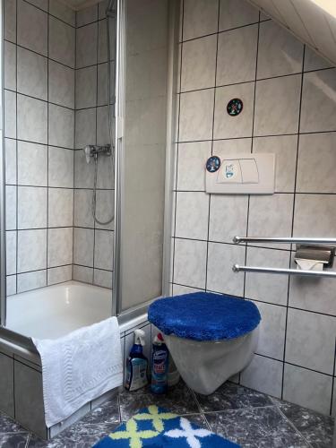 een badkamer met een douche, een toilet en een bad bij Doppelzimmer Obergeschoss in Münchenbernsdorf