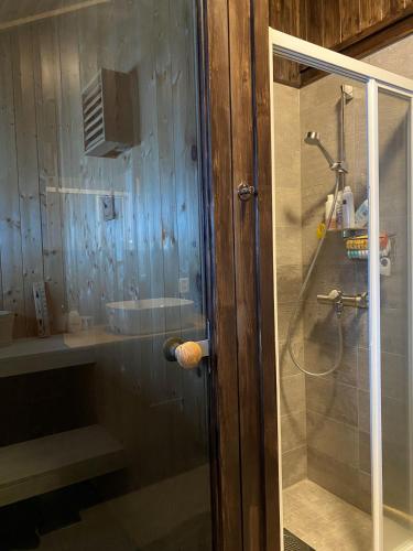 a bathroom with a shower with a glass door at Hito - cabin between Flå and Eggedal in Flå