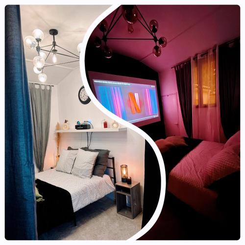 Zimmer mit einem Schlafzimmer mit einem Bett und einem TV in der Unterkunft Maisonnette proche de Paris & Home cinema in Bourg-la-Reine