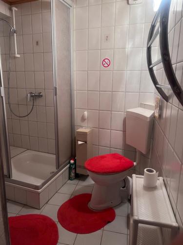 a bathroom with a shower and a toilet with a red seat at Mehrbettzimmer Erdgeschoss in Münchenbernsdorf