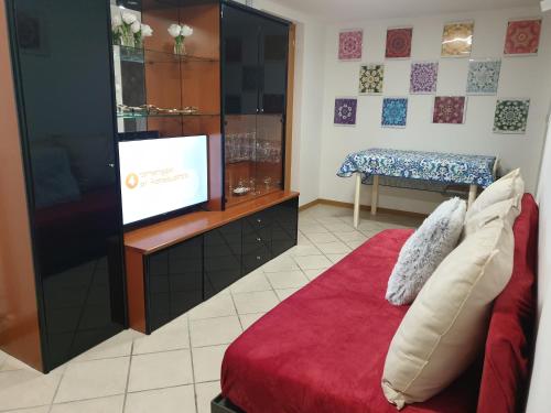 uma sala de estar com um sofá vermelho e uma televisão em Intero Appartamento "ALLE MURA DEL CASTELLO Stefano e Paola Marchesini" em Gorizia