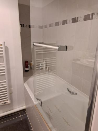 een bad met een glazen deur in de badkamer bij JeNu in Serris