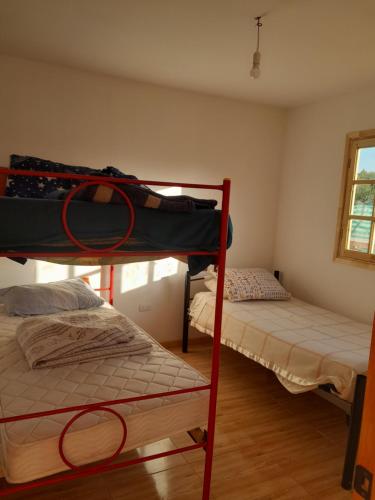 a bedroom with two bunk beds and a window at Cabañas Carampangue in Talagante