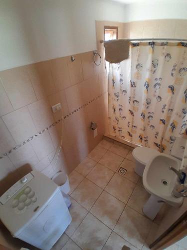 a bathroom with a toilet and a shower curtain at Alquiler por día Gobernador Gregores in Gobernador Gregores