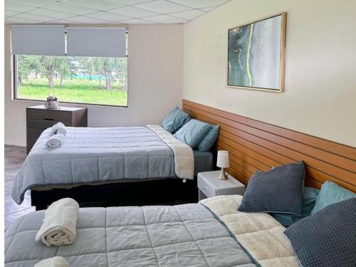 - une chambre avec 2 lits et une fenêtre dans l'établissement Room in Bungalow - Grandfathers Farm - Disfruta de la naturaleza en un lindo flat, à Cajamarca