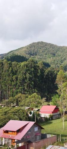 a house with a mountain in the background at Hospedaje Oxa Paraíso in Oxapampa