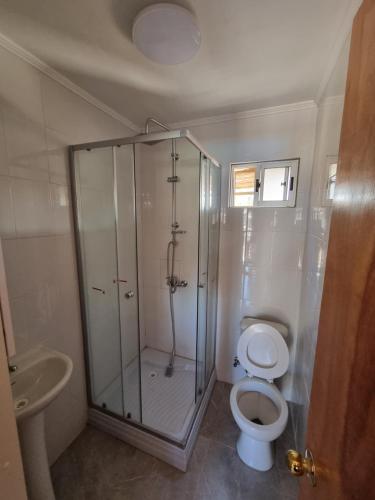 uma casa de banho com um chuveiro, um WC e um lavatório. em Cabañas Sol de Vicuña em Vicuña